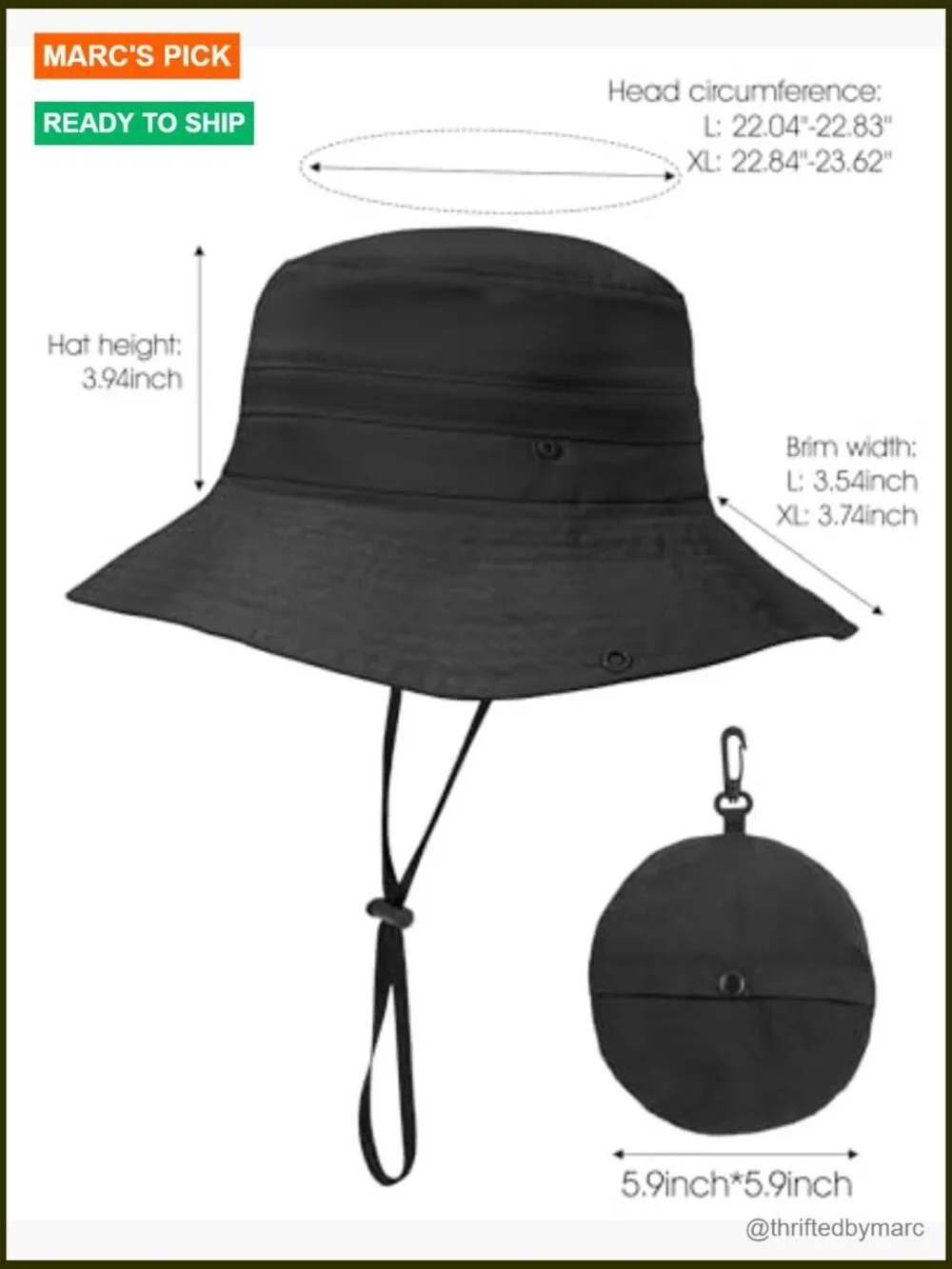Packable Bucket Sun Hat UPF 50+ Waterproof Adjustable for Hiking Fishing